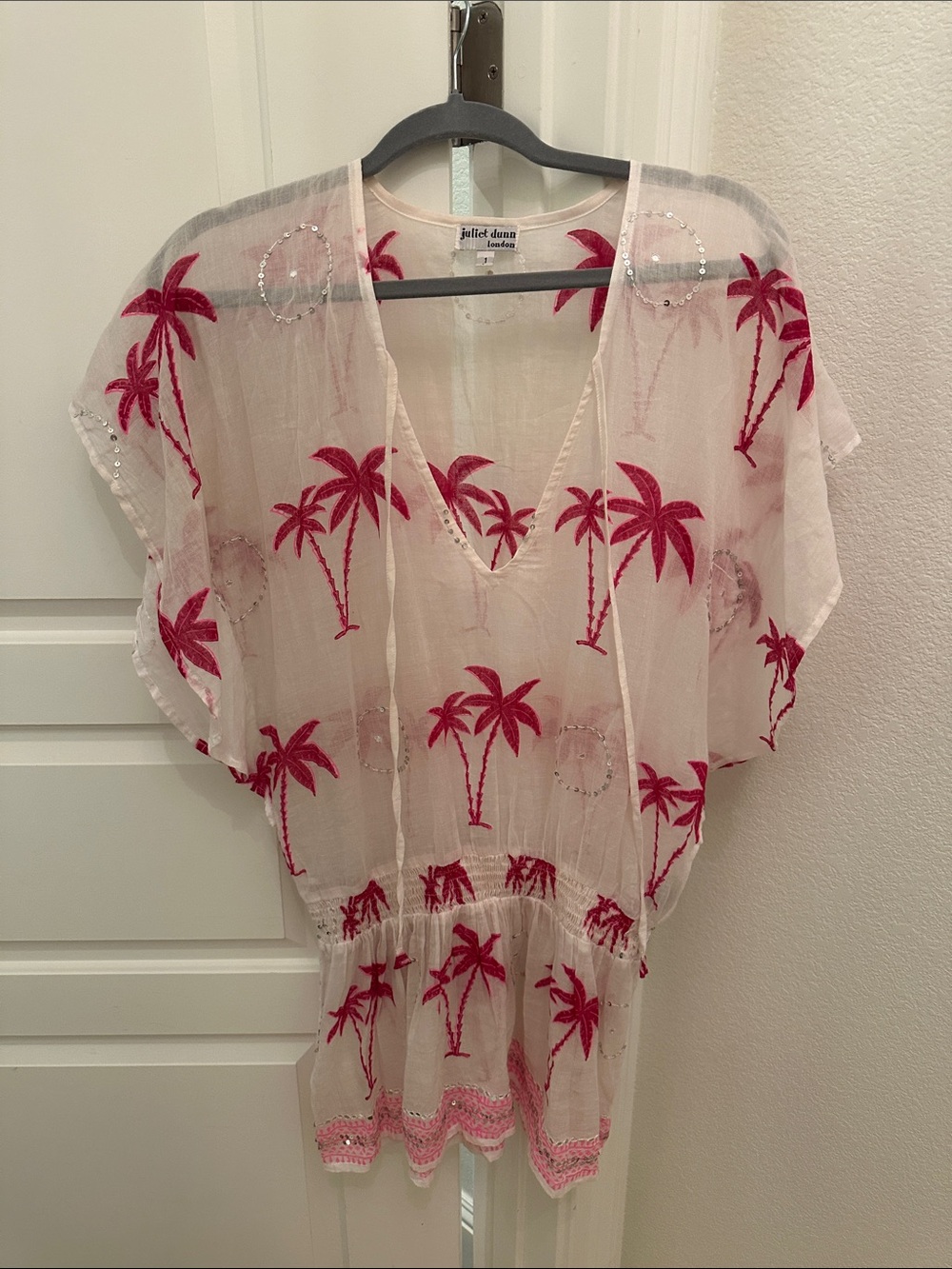 Juliet Dunn Sheer Tunic with Bright Pink Palm Embroidery